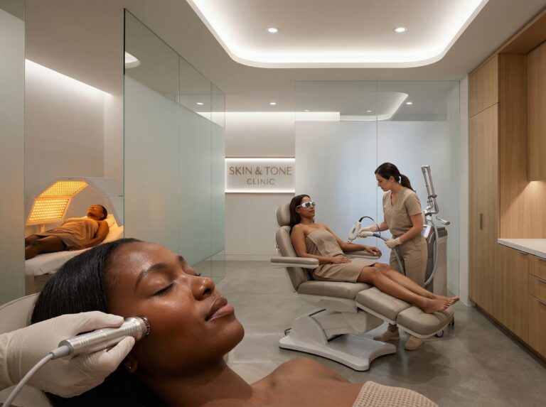 Diverse Black and brown‑skinned patients receiving RF microneedling, LED and long‑wavelength laser treatments in a modern clinical aesthetic setting