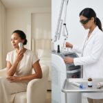 Split photo showing a woman using a high-end home laser device at home and a clinician preparing professional laser and microneedling tools in a dermatology clinic, representing home versus in-office skin rejuvenation options