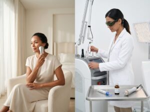 Split photo showing a woman using a high-end home laser device at home and a clinician preparing professional laser and microneedling tools in a dermatology clinic, representing home versus in-office skin rejuvenation options