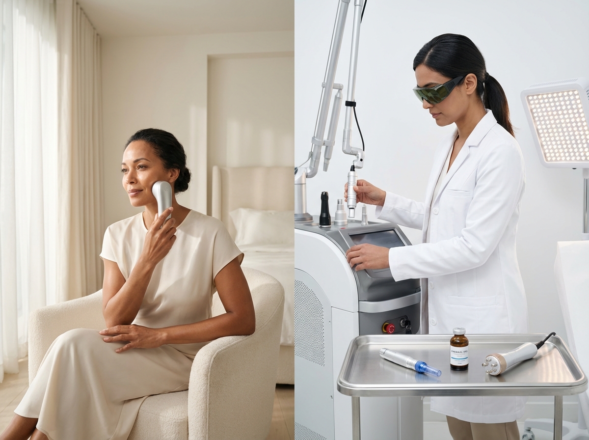 Split photo showing a woman using a high-end home laser device at home and a clinician preparing professional laser and microneedling tools in a dermatology clinic, representing home versus in-office skin rejuvenation options