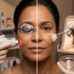 Split-view clinical scene showing Laser Genesis style laser treatment on one side and a chemical peel being applied on the other with microneedling pen, RF device and LED panel in the background