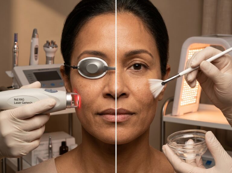 Split-view clinical scene showing Laser Genesis style laser treatment on one side and a chemical peel being applied on the other with microneedling pen, RF device and LED panel in the background