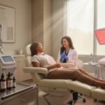 Aesthetic clinic room showing laser and microneedling devices, LED panel, clinician consulting a patient—depicting non-invasive skin rejuvenation treatments