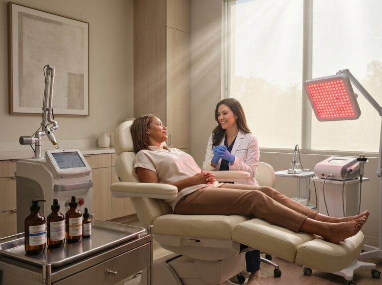 Aesthetic clinic room showing laser and microneedling devices, LED panel, clinician consulting a patient—depicting non-invasive skin rejuvenation treatments
