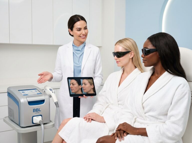 Clinician in a modern dermatology clinic comparing a BBL Hero device and an IPL handpiece with two diverse patients, tablet showing skin before and after images