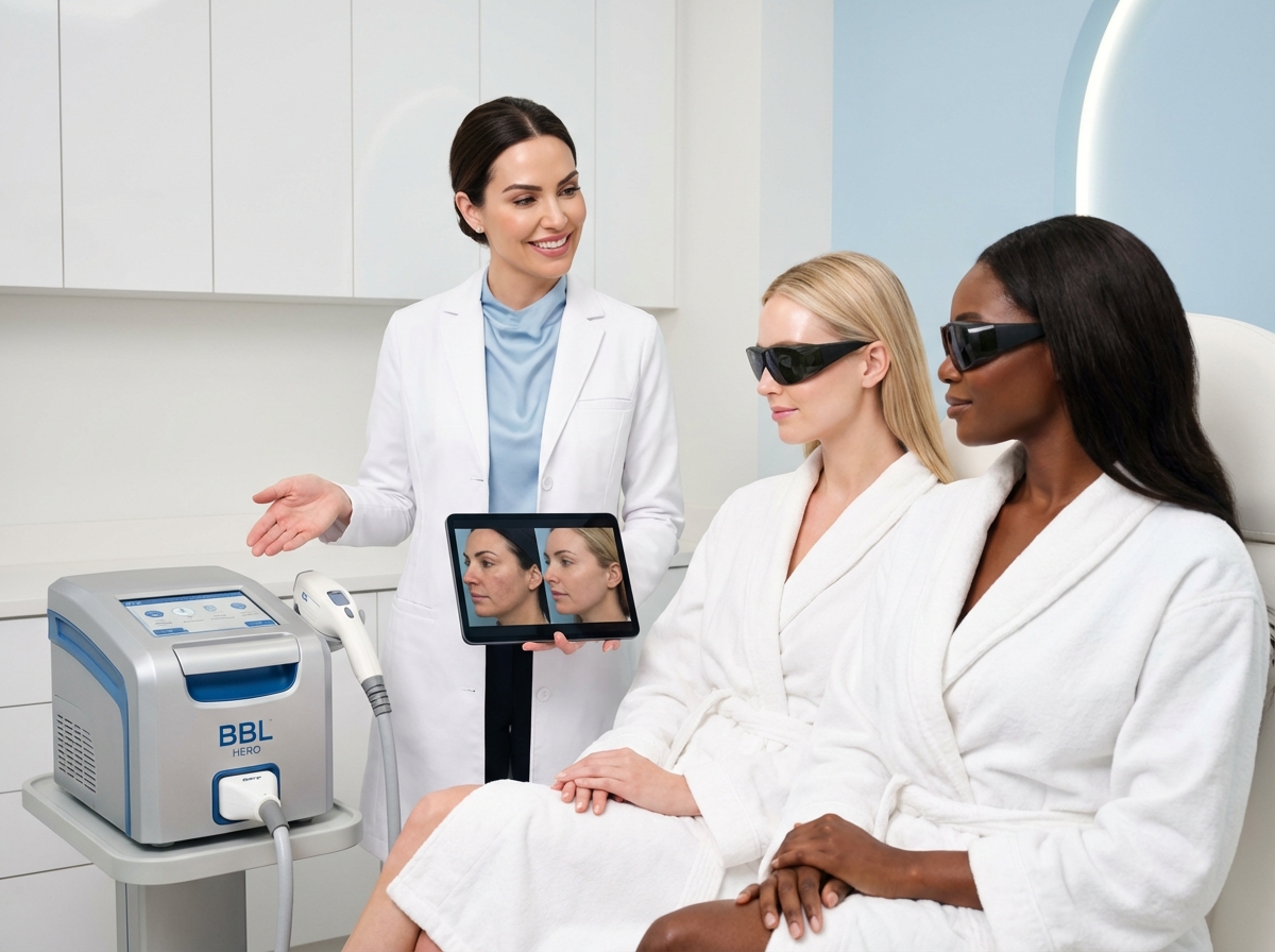 Clinician in a modern dermatology clinic comparing a BBL Hero device and an IPL handpiece with two diverse patients, tablet showing skin before and after images