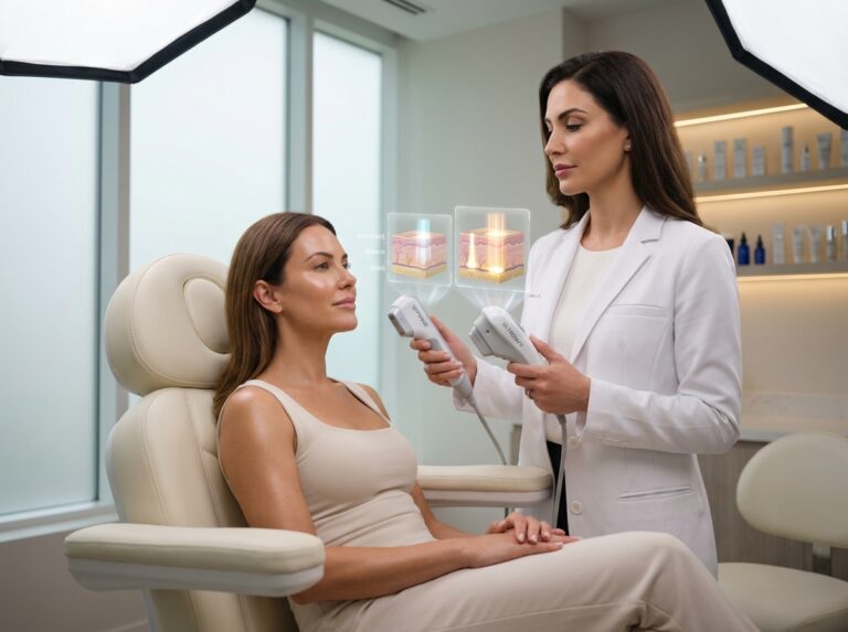 Clinician comparing Sofwave and Ultherapy devices with skin cross‑section overlay showing different ultrasound depths in a modern medspa