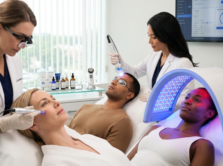 Diverse patients with different Fitzpatrick skin types receiving non-invasive skin rejuvenation treatments in a modern clinic — microneedling, fractional laser with cooling, RF device and LED therapy visible